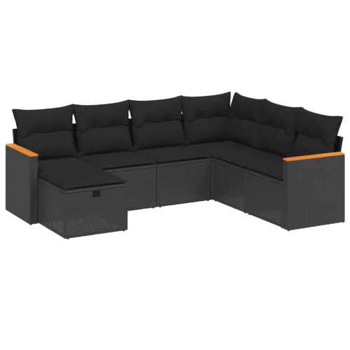 7 részes fekete polyrattan kerti ülőgarnitúra párnával