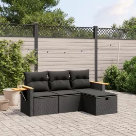    4 részes fekete polyrattan kerti ülőgarnitúra párnákkal