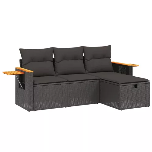  4 részes fekete polyrattan kerti ülőgarnitúra párnákkal