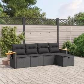  5 részes fekete polyrattan kerti kanapészett párnákkal