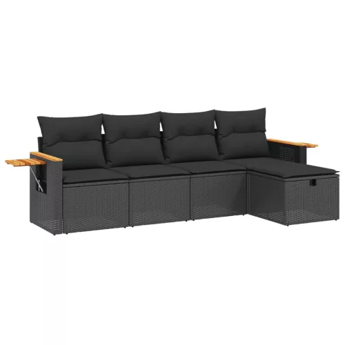  5 részes fekete polyrattan kerti kanapészett párnákkal