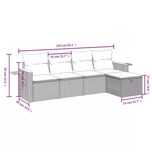  5 részes fekete polyrattan kerti kanapészett párnákkal