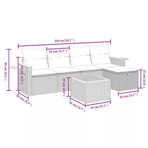  6 részes fekete polyrattan kerti ülőgarnitúra párnákkal