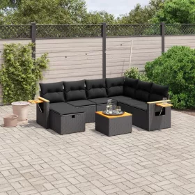    8 részes fekete polyrattan kerti ülőgarnitúra párnákkal
