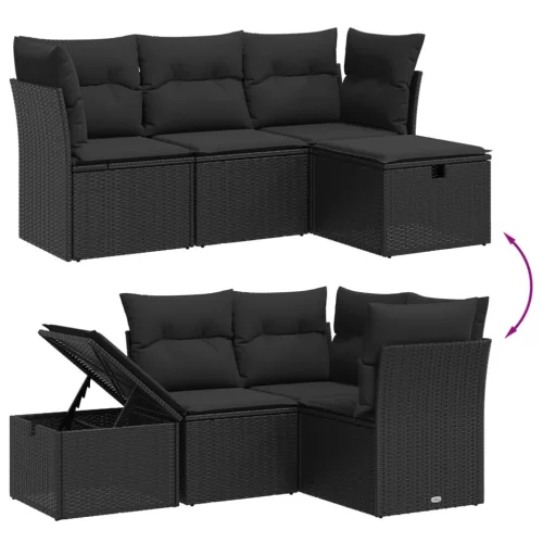  4 részes fekete polyrattan kerti ülőgarnitúra párnákkal