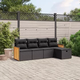  5 részes fekete polyrattan kerti kanapészett párnákkal