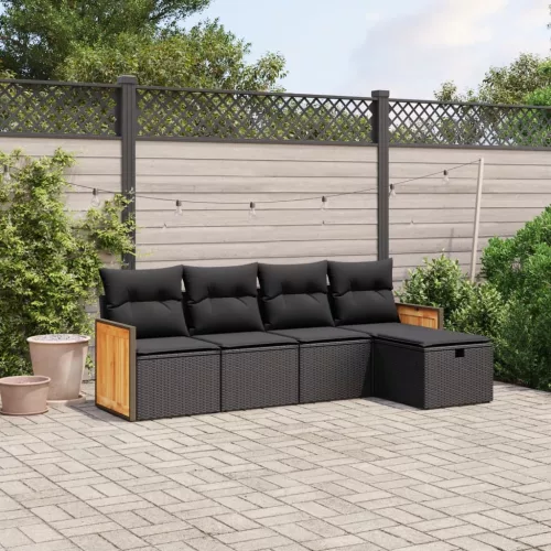  5 részes fekete polyrattan kerti kanapészett párnákkal