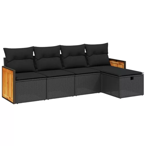  5 részes fekete polyrattan kerti kanapészett párnákkal