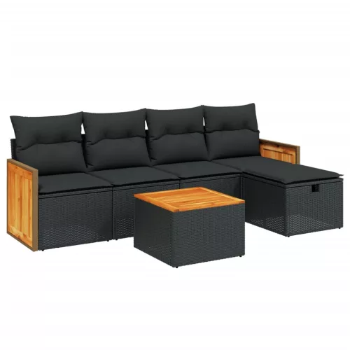  6 részes fekete polyrattan kerti ülőgarnitúra párnákkal