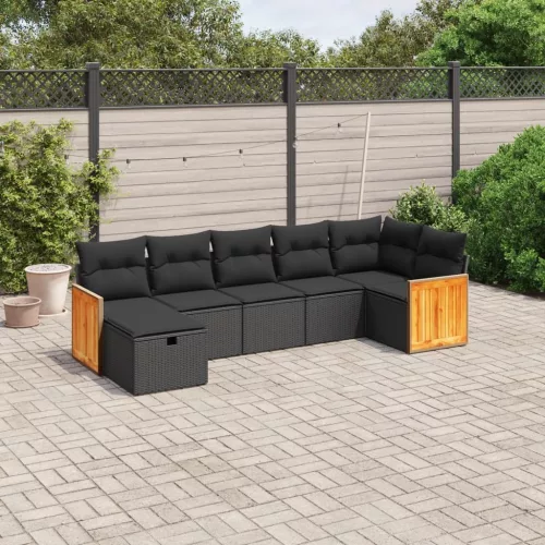  7 részes fekete polyrattan kerti ülőgarnitúra párnával