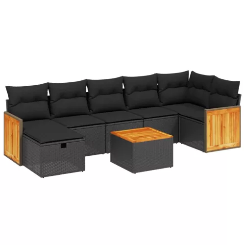  8 részes fekete polyrattan kerti ülőgarnitúra párnákkal