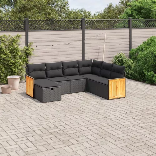  7 részes fekete polyrattan kerti ülőgarnitúra párnával