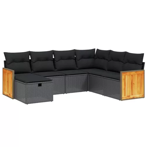  7 részes fekete polyrattan kerti ülőgarnitúra párnával