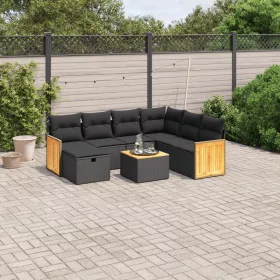    8 részes fekete polyrattan kerti ülőgarnitúra párnákkal