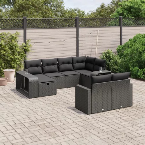  10 részes fekete polyrattan kerti ülőgarnitúra párnákkal