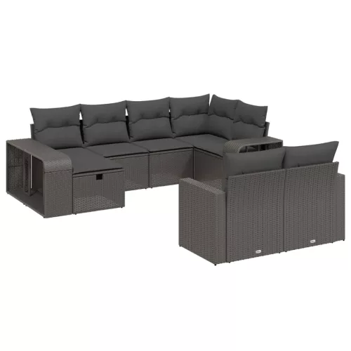  10 részes fekete polyrattan kerti ülőgarnitúra párnákkal