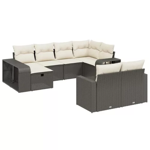  10 részes fekete polyrattan kerti ülőgarnitúra párnákkal
