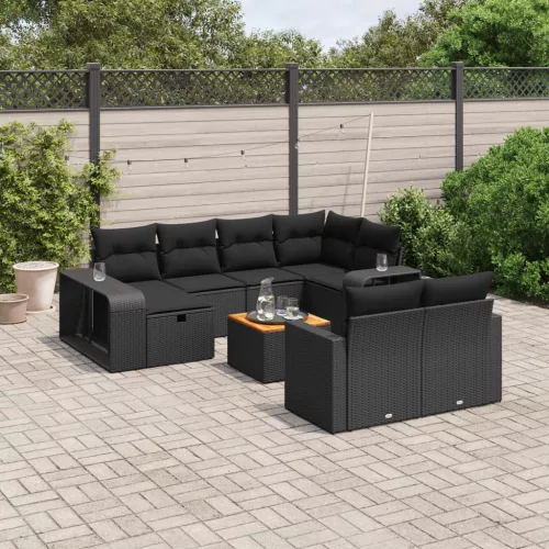  11 részes fekete polyrattan kerti ülőgarnitúra párnákkal