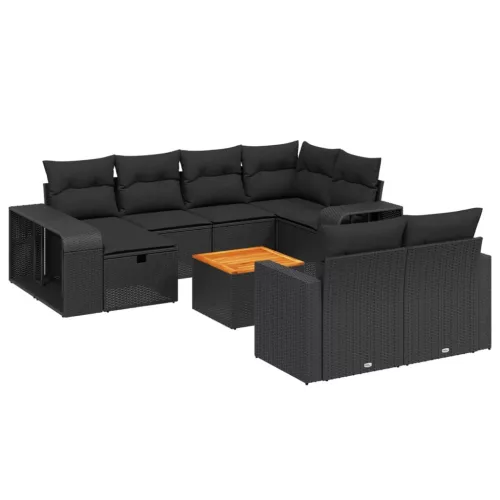  11 részes fekete polyrattan kerti ülőgarnitúra párnákkal