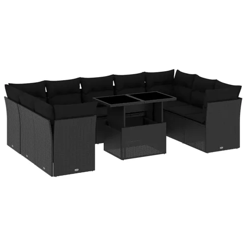  10 részes fekete polyrattan kerti ülőgarnitúra párnákkal