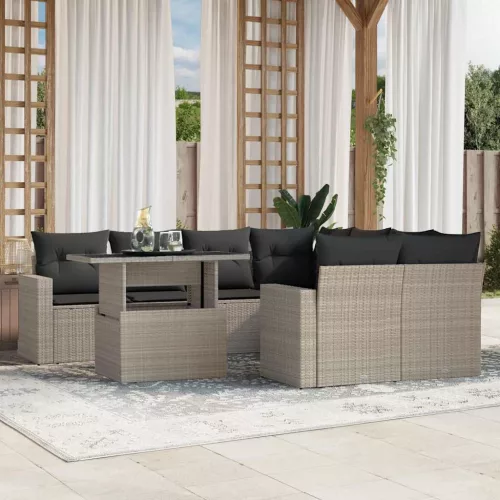  9 részes világosszürke polyrattan kerti ülőgarnitúra párnával