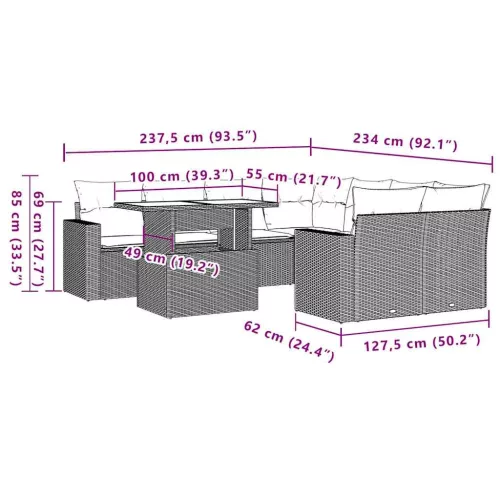  9 részes világosszürke polyrattan kerti ülőgarnitúra párnával