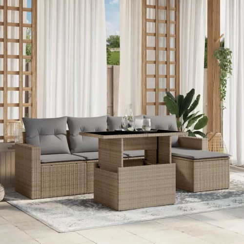  6 részes bézs polyrattan kerti ülőgarnitúra párnával