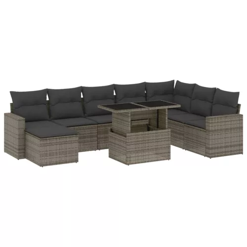  9 részes szürke polyrattan kerti ülőgarnitúra párnákkal