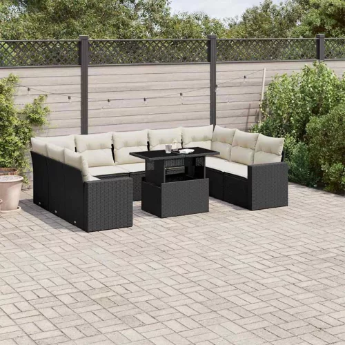  10 részes fekete polyrattan kerti ülőgarnitúra párnákkal