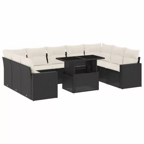  10 részes fekete polyrattan kerti ülőgarnitúra párnákkal