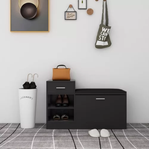  magasfényű fekete szerelt fa cipőtároló pad 94,5 x 31 x 57 cm