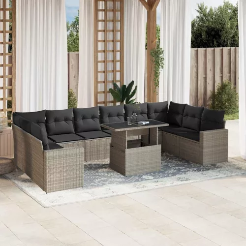  11 részes világosszürke polyrattan kerti ülőgarnitúra párnákkal