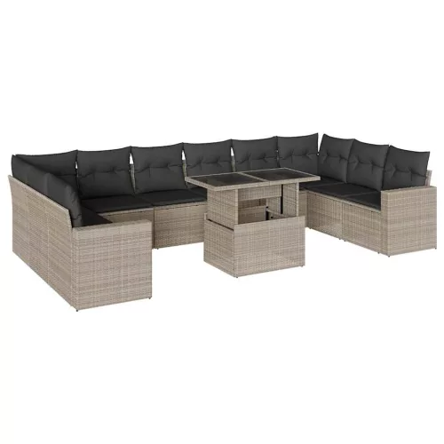  11 részes világosszürke polyrattan kerti ülőgarnitúra párnákkal