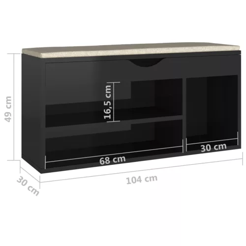  magasfényű fekete cipőtároló pad párnával 104 x 30 x 49 cm