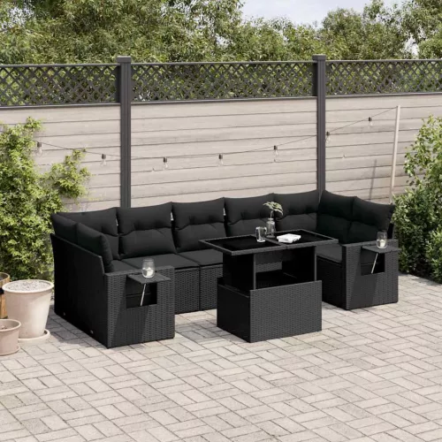  8 részes fekete polyrattan kerti ülőgarnitúra párnákkal