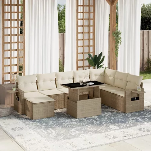  9 részes bézs polyrattan kerti ülőgarnitúra párnákkal