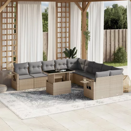  11 részes bézs polyrattan kerti ülőgarnitúra párnákkal
