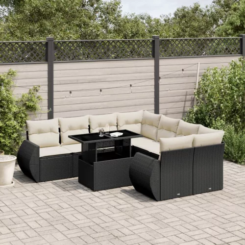  9 részes fekete polyrattan kerti ülőgarnitúra párnákkal