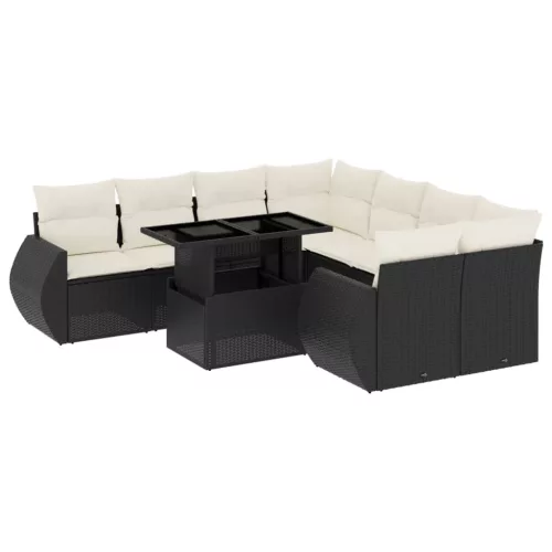  9 részes fekete polyrattan kerti ülőgarnitúra párnákkal