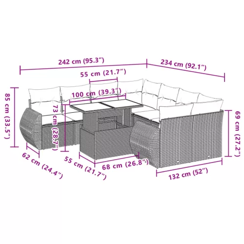  9 részes fekete polyrattan kerti ülőgarnitúra párnákkal