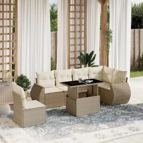  7 részes bézs polyrattan kerti ülőgarnitúra párnákkal