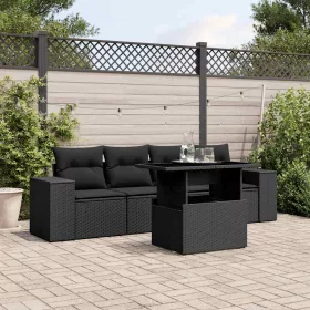  5 részes fekete polyrattan kerti kanapészett párnákkal