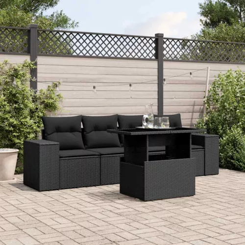  5 részes fekete polyrattan kerti kanapészett párnákkal
