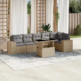    7 részes bézs polyrattan kerti ülőgarnitúra párnákkal