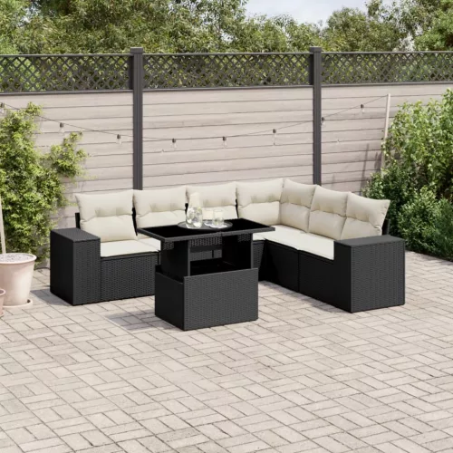 7 részes fekete polyrattan kerti ülőgarnitúra párnával