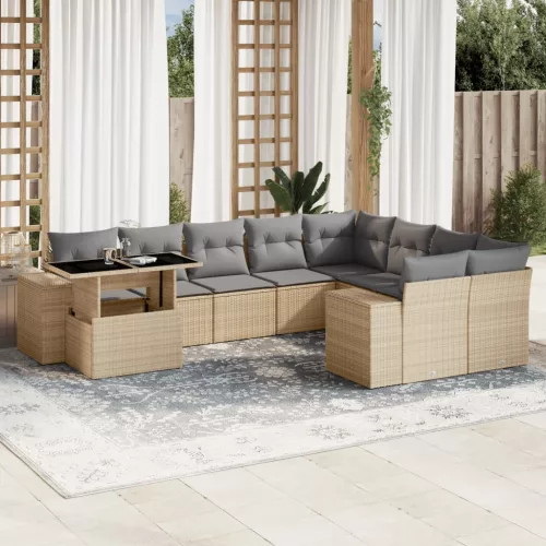  10 részes bézs polyrattan kerti ülőgarnitúra párnával