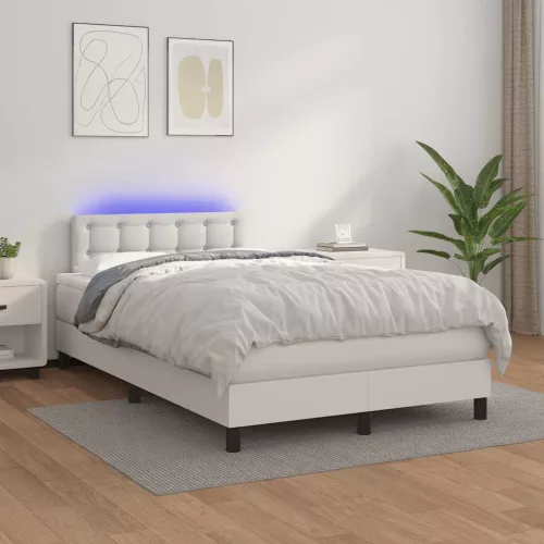  fehér műbőr rugós és LED-es ágy matraccal 120x190 cm