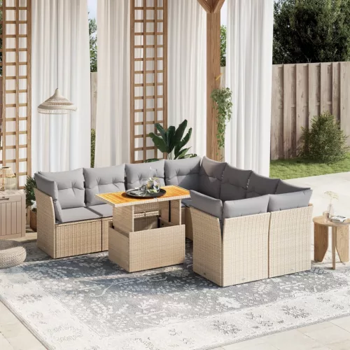  9 részes bézs polyrattan kerti ülőgarnitúra párnákkal