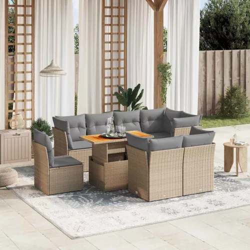  9 részes bézs polyrattan kerti ülőgarnitúra párnákkal