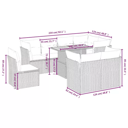  9 részes bézs polyrattan kerti ülőgarnitúra párnákkal